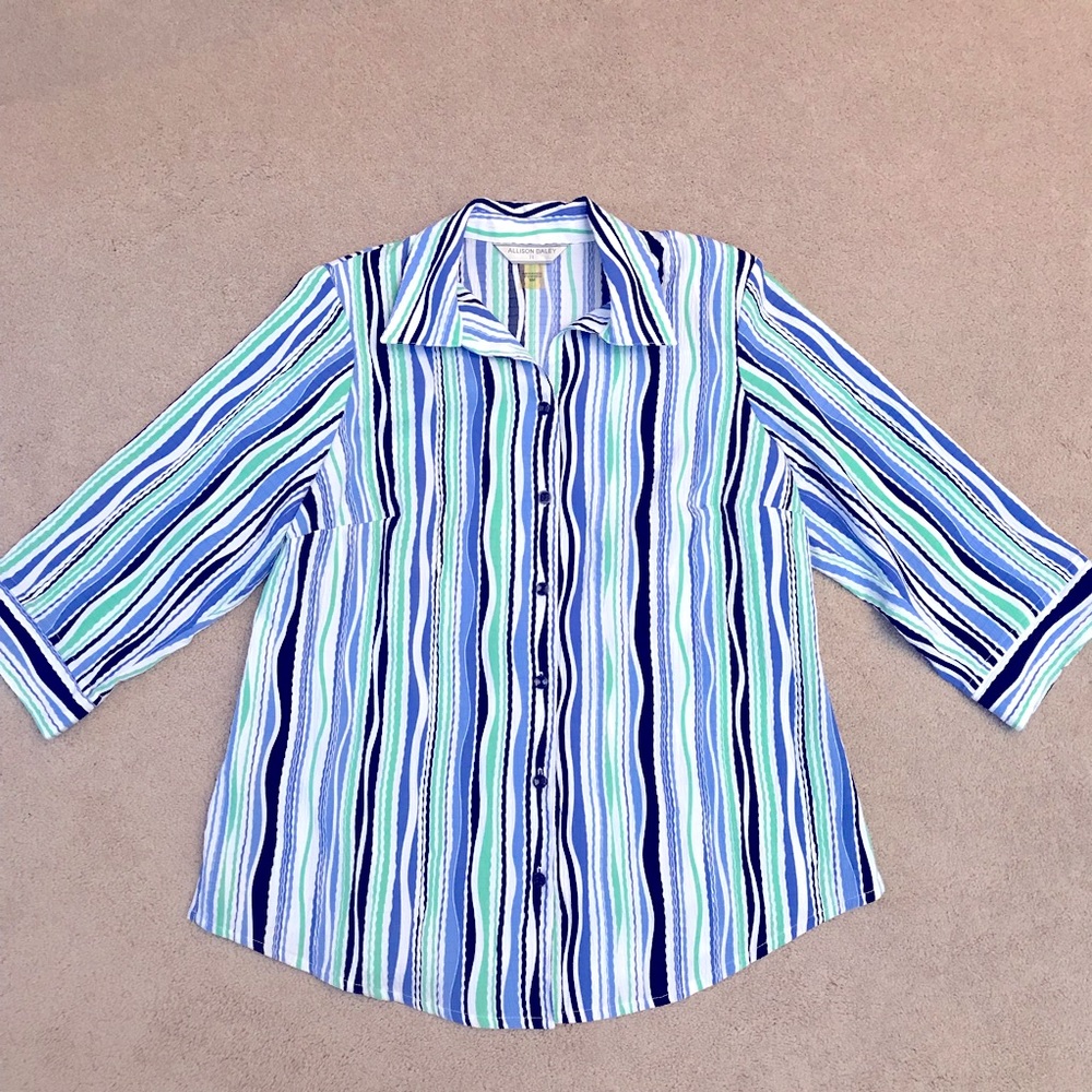 Allison Daley Striped Button Down Shirt Blouse Size 16W Blue Green Office School